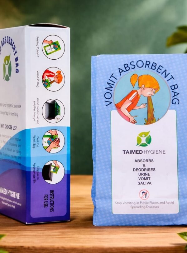Disposable vomiting absorbent bag for travel, hospital and emergency hygiene use